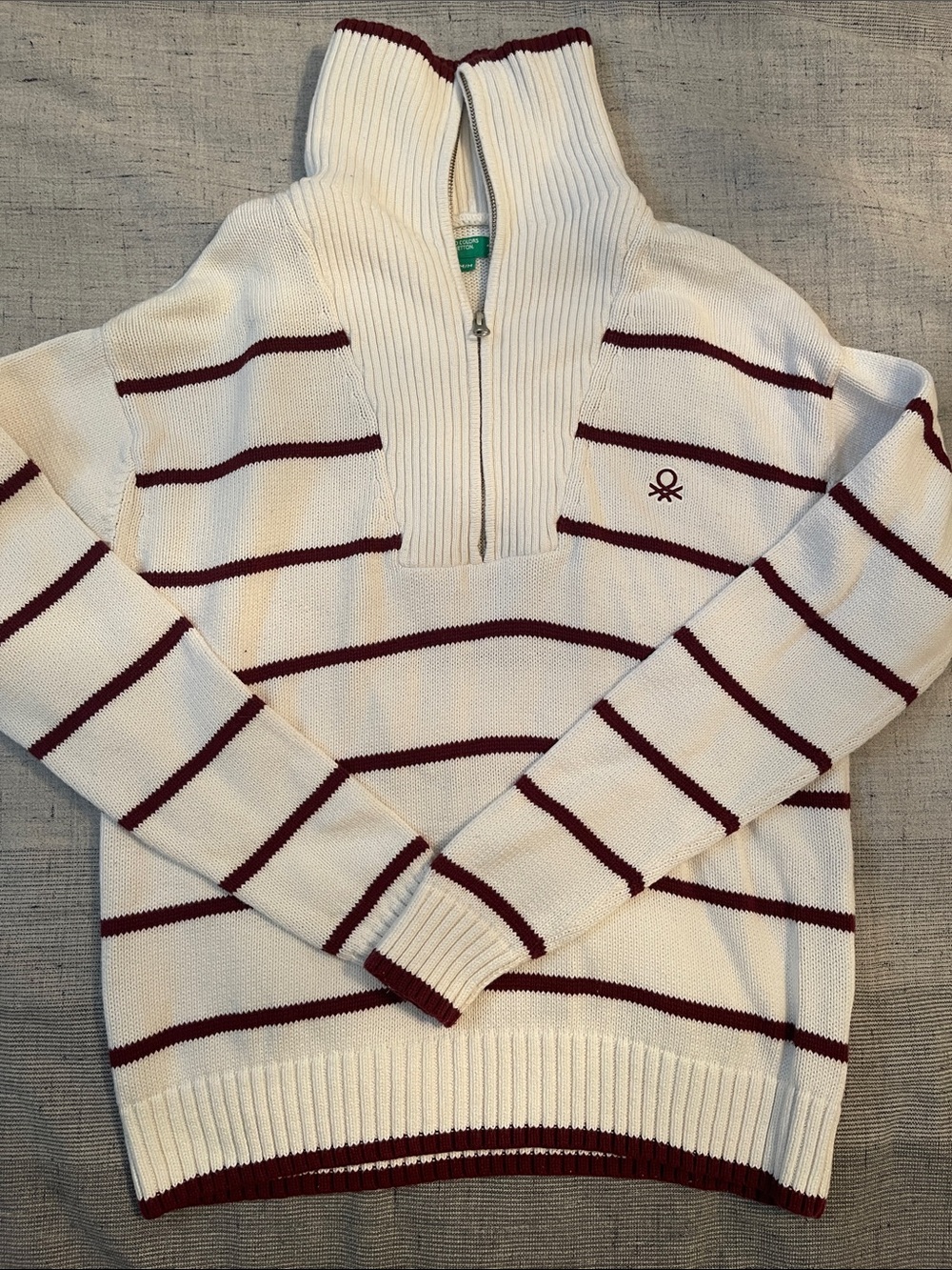 united colours of Benetton. Cream Half-Zip Sweater with Maroon Stripes